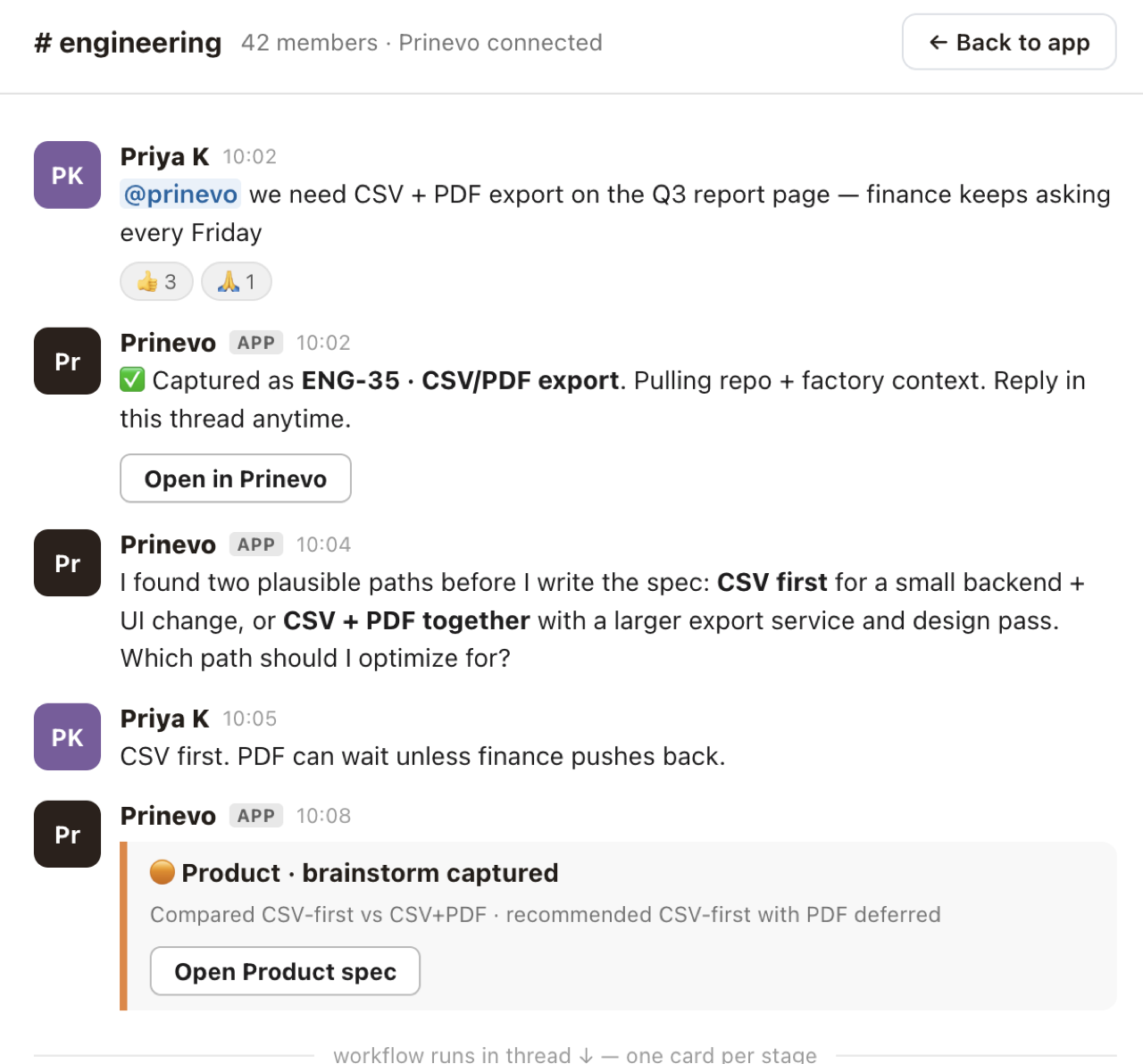 Slack engineering thread where Prinevo captures a CSV export request and product decision.
